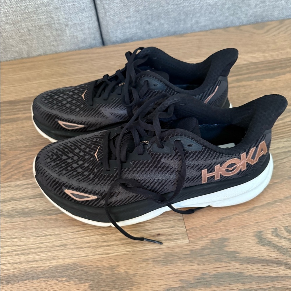 Hoka Clifton 9 Running Shoe- Black/Rose Gold/White